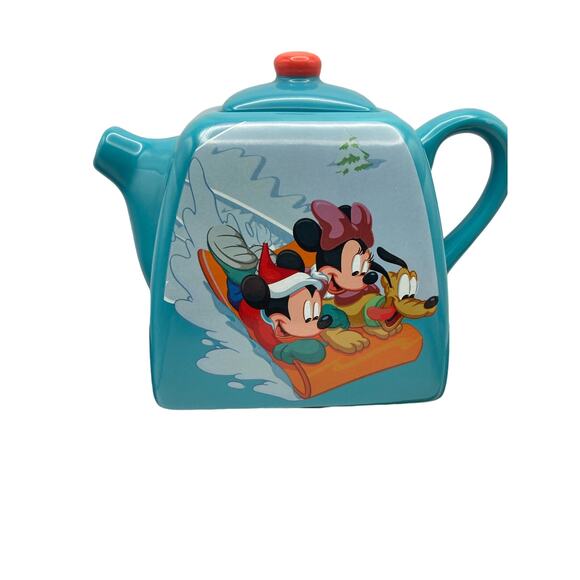 Blue Disney Tea Pot w/ Lid Mickey & Minnie Mouse with Pluto Christmas Sledding - Picture 7 of 8